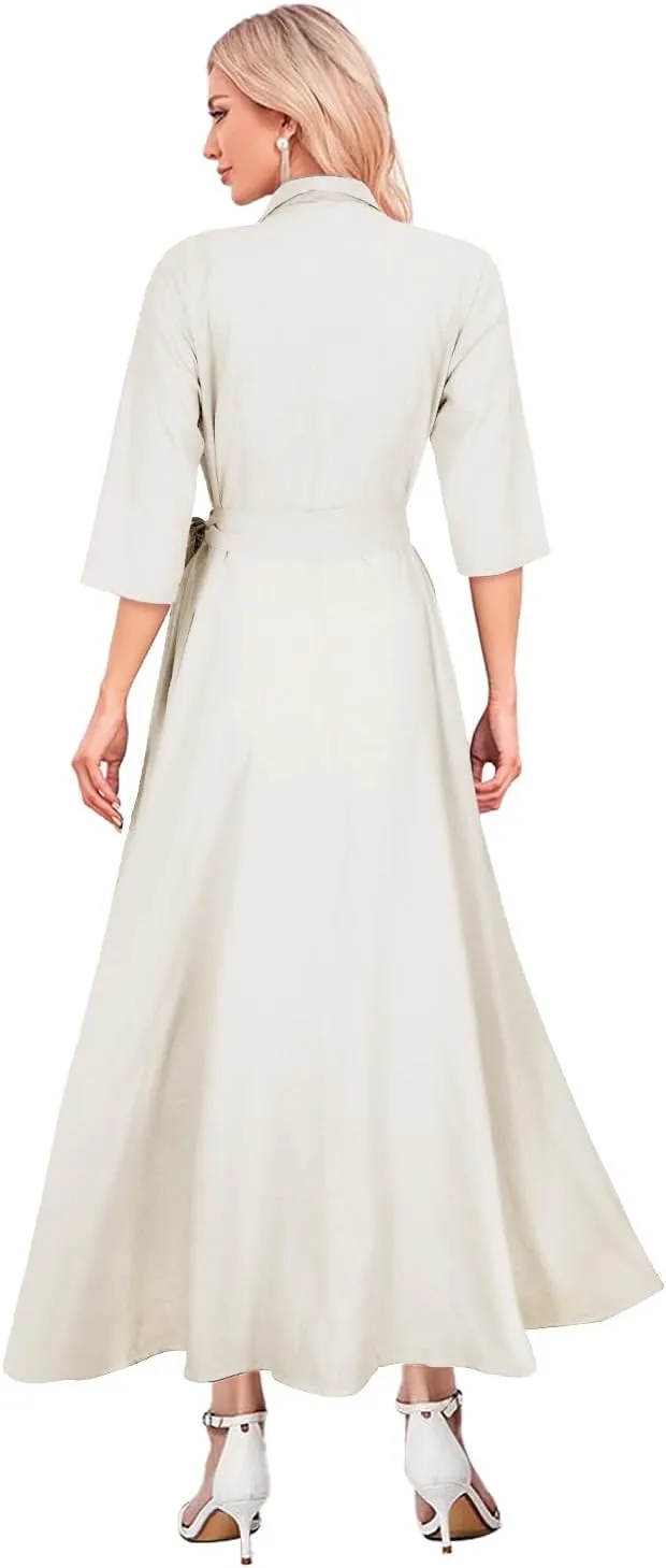 Mingyuezai Women's Linen Wrap Dress V-Neck Lace Up Half Sleeve Maxi Dress