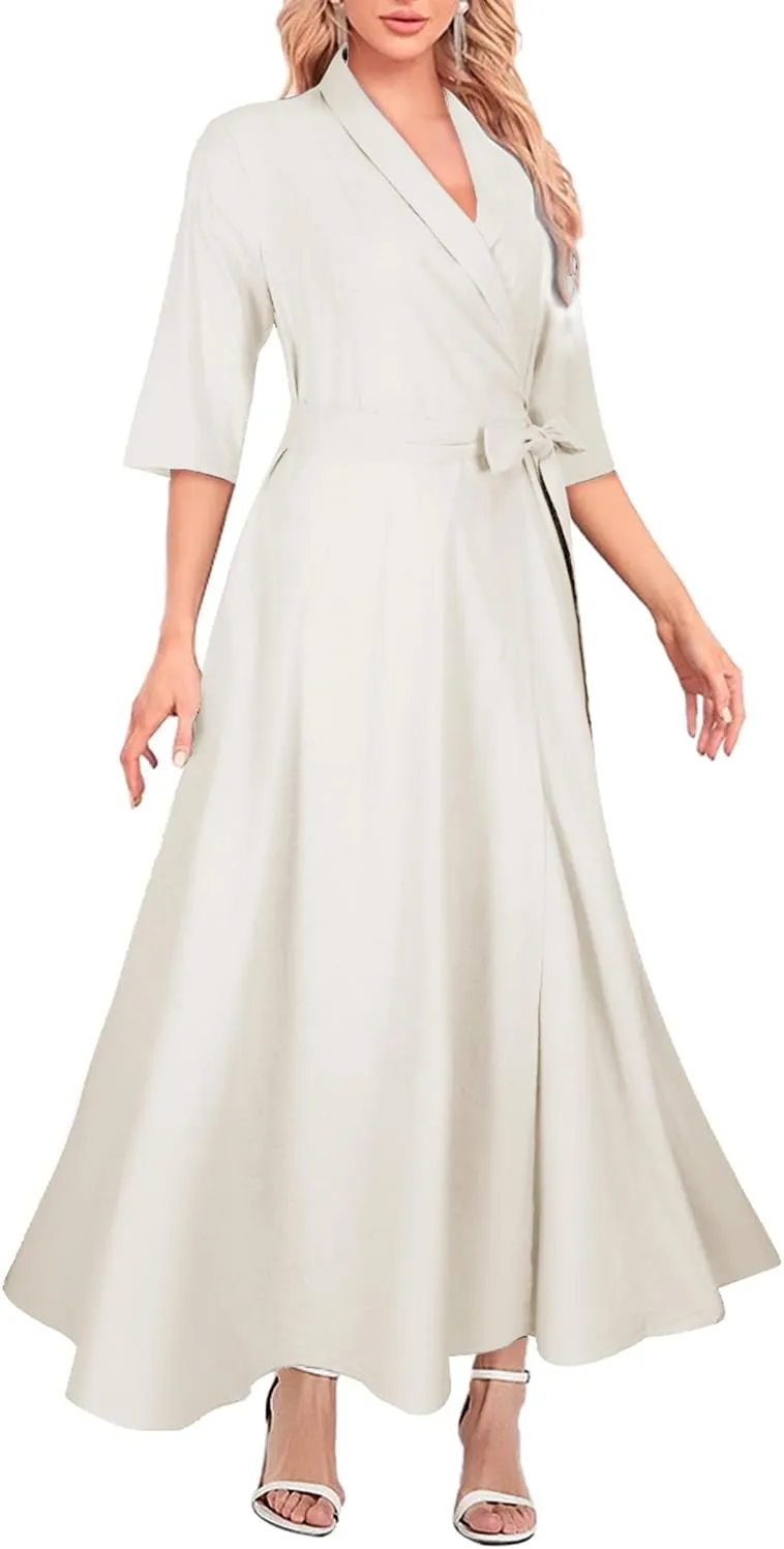 Mingyuezai Women's Linen Wrap Dress V-Neck Lace Up Half Sleeve Maxi Dress
