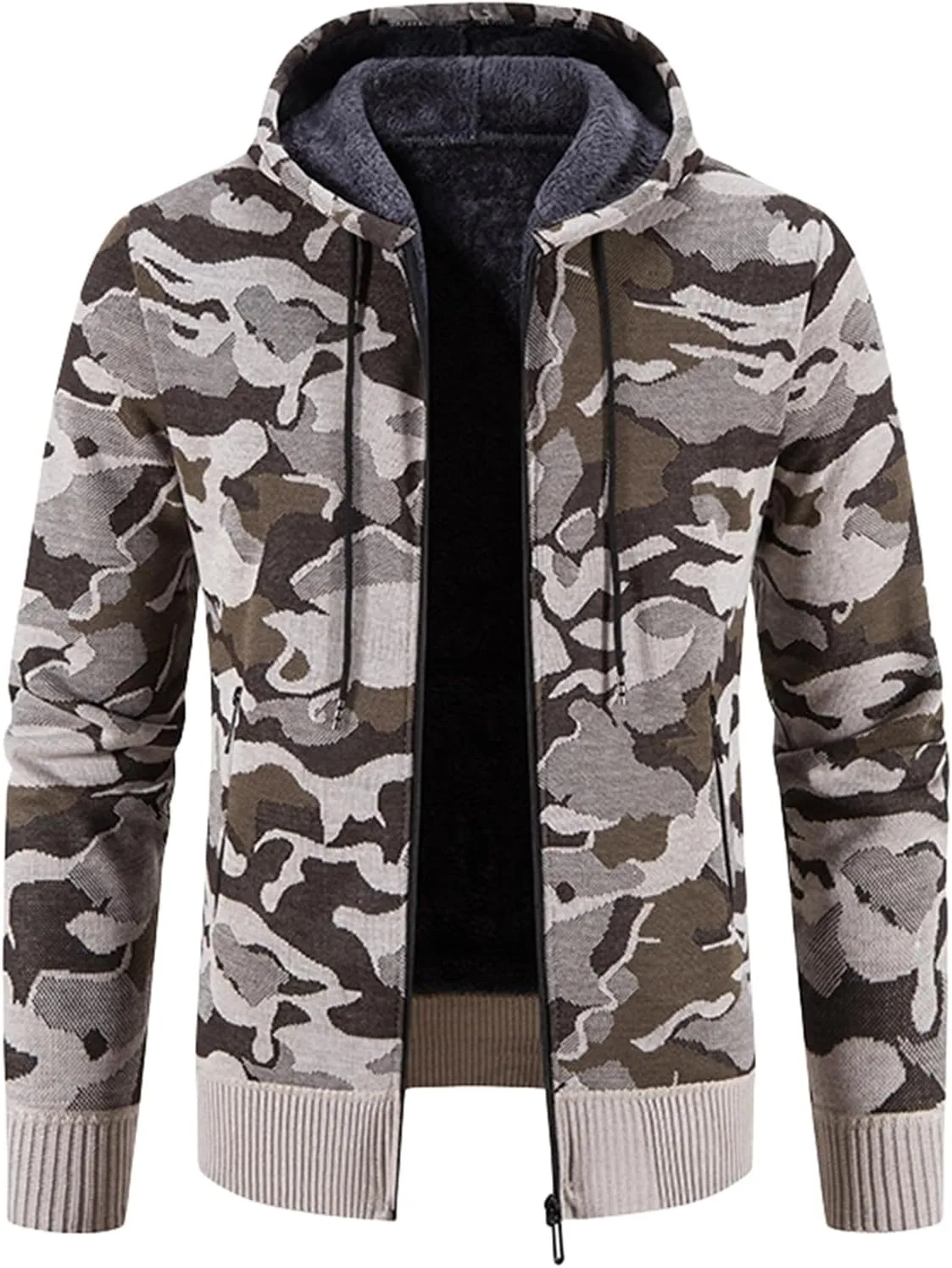 Mmoneyake Mens Camo Full Zip Hoodie Athletic Soft Sherpa Lined Fleece Hooded Sweater Jacket Long Sleeve Sweatshirt Sport Coat