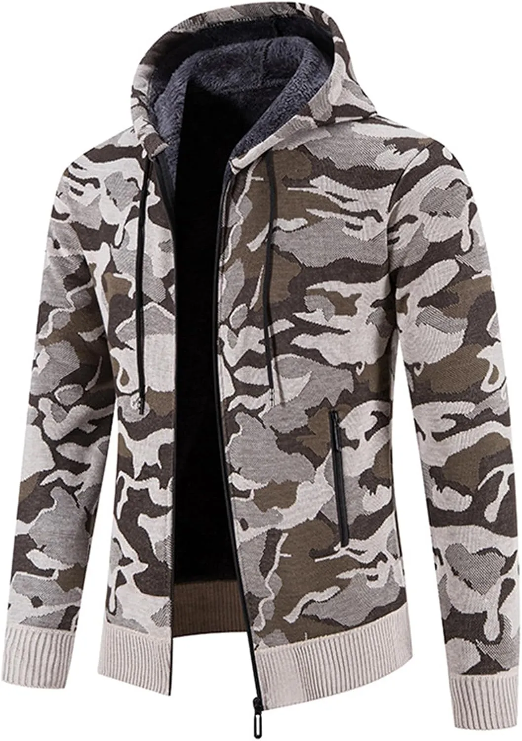 Mmoneyake Mens Camo Full Zip Hoodie Athletic Soft Sherpa Lined Fleece Hooded Sweater Jacket Long Sleeve Sweatshirt Sport Coat