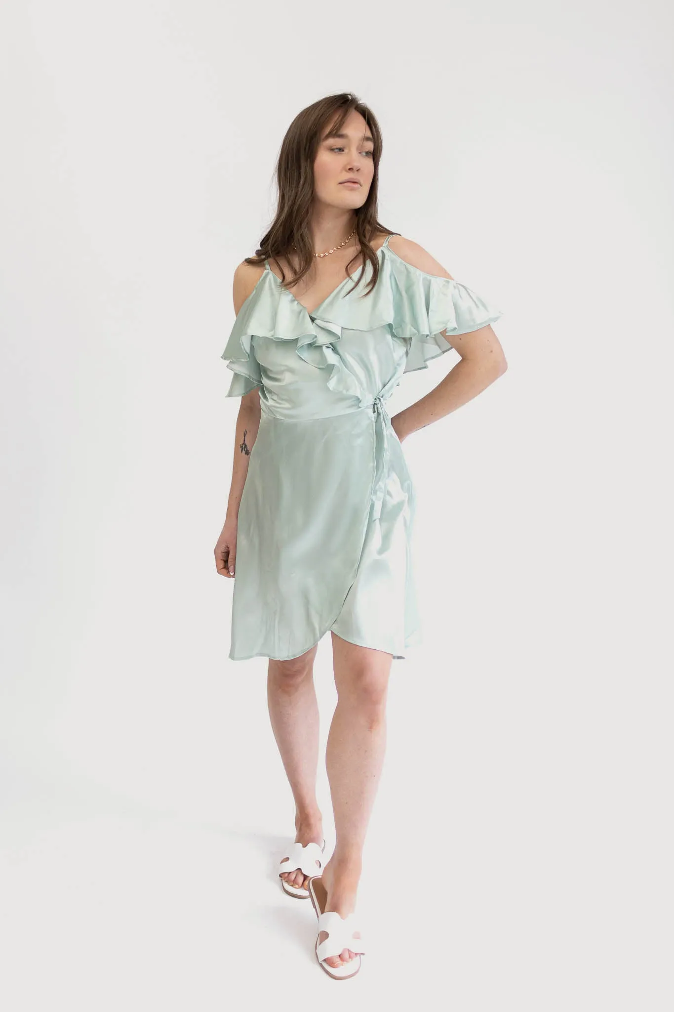 Off-the-Shoulder Wrap Sustainable Mini Dress