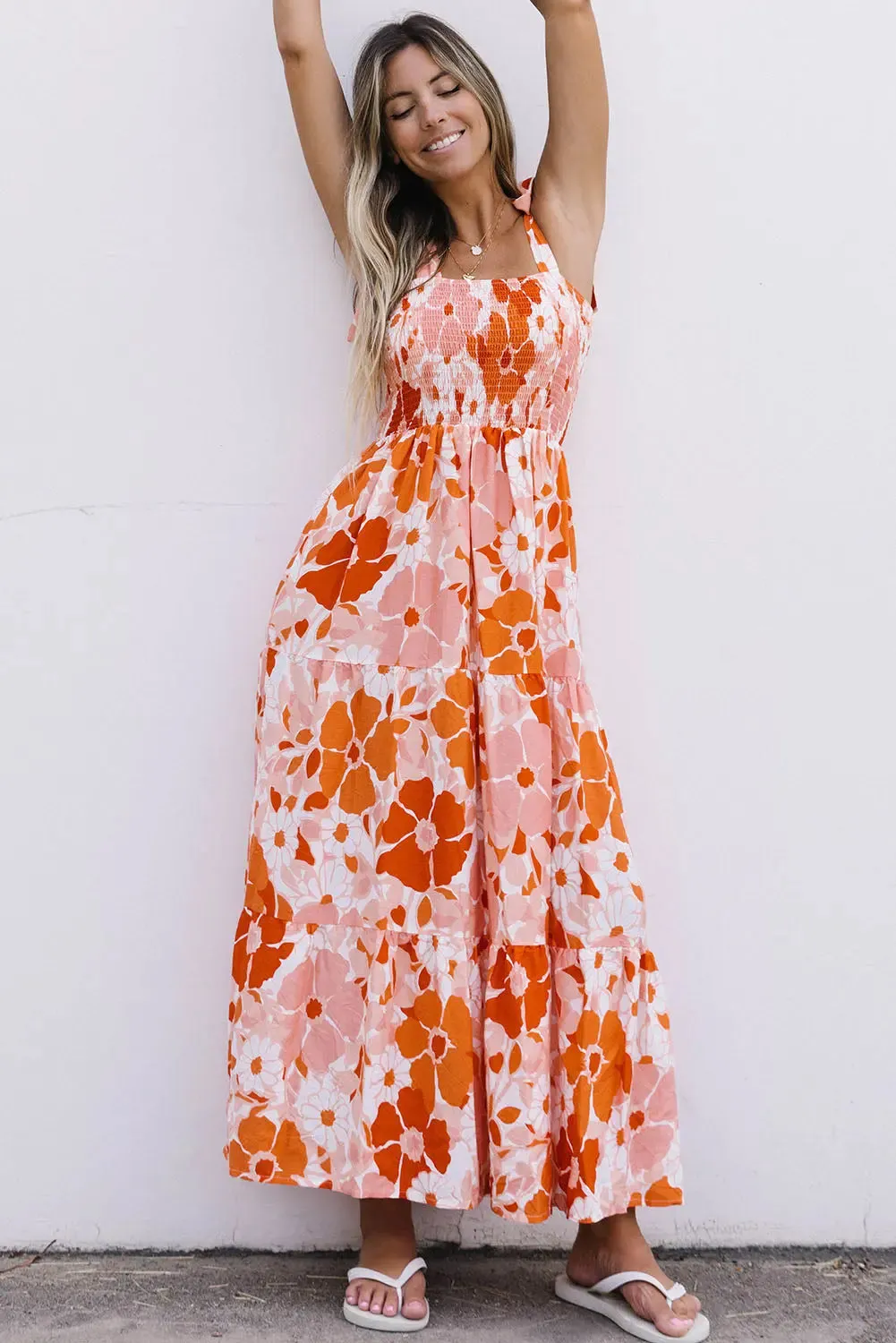 Orange Floral Print Boho Smocked Maxi Dress