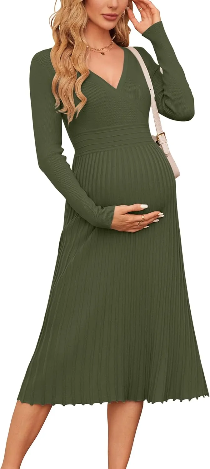 OUGES Womens 2024 Fall Maternity Dress Long Sleeve Wrap V Neck Pleated Midi Dress Casual Sweater Dress Trendy Outfits