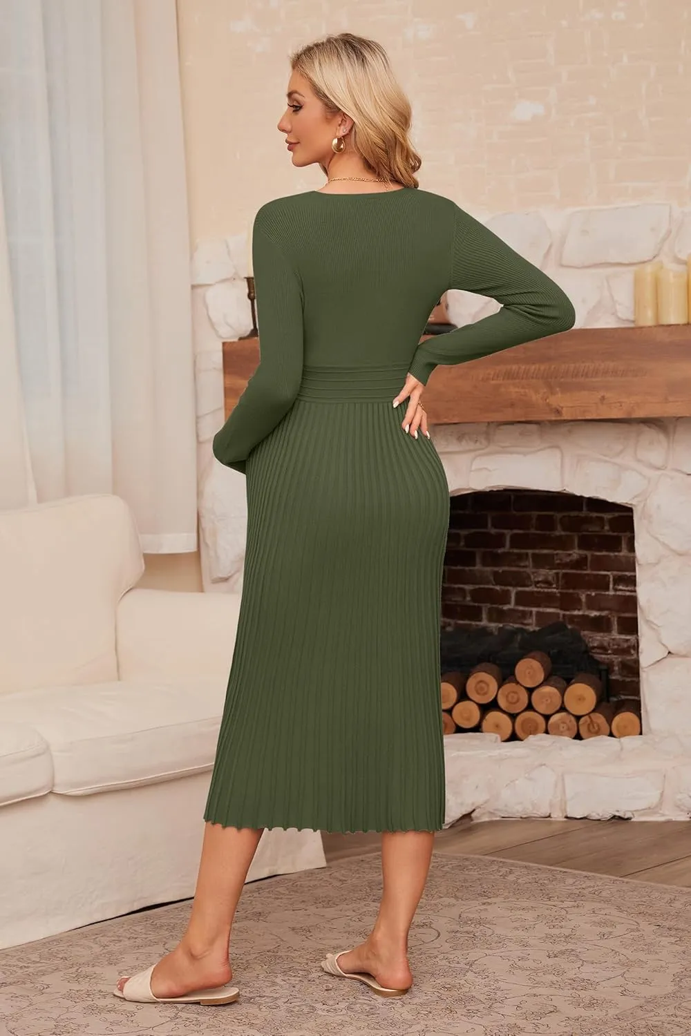OUGES Womens 2024 Fall Maternity Dress Long Sleeve Wrap V Neck Pleated Midi Dress Casual Sweater Dress Trendy Outfits