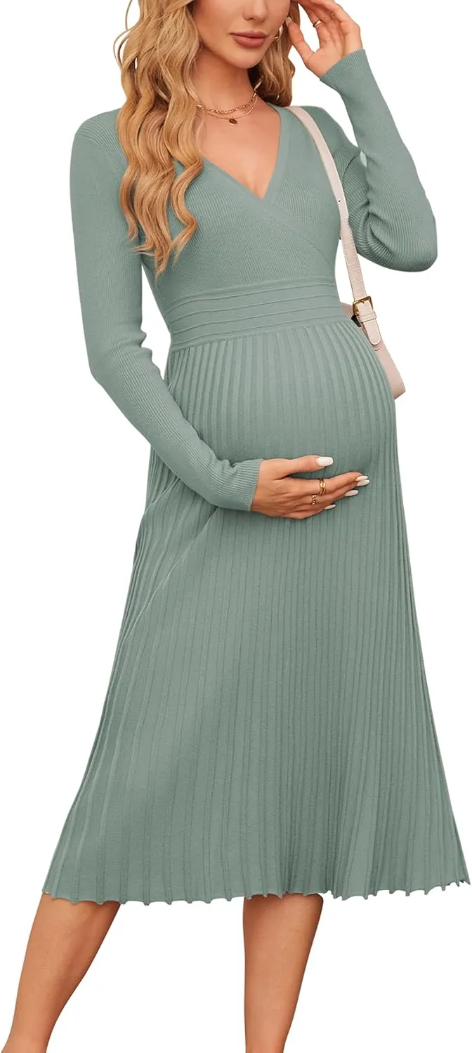 OUGES Womens 2024 Fall Maternity Dress Long Sleeve Wrap V Neck Pleated Midi Dress Casual Sweater Dress Trendy Outfits