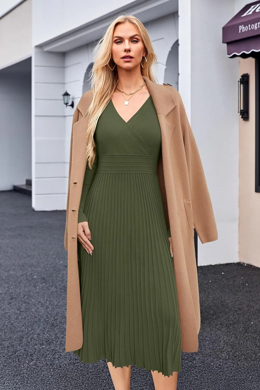 OUGES Womens 2024 Fall Maternity Dress Long Sleeve Wrap V Neck Pleated Midi Dress Casual Sweater Dress Trendy Outfits