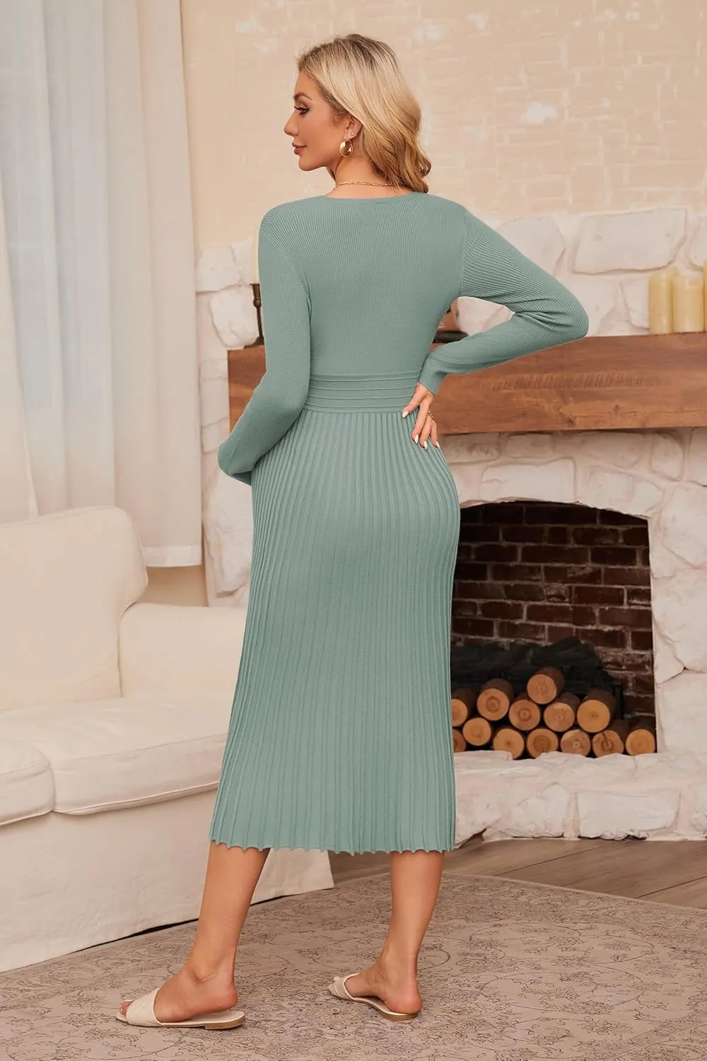 OUGES Womens 2024 Fall Maternity Dress Long Sleeve Wrap V Neck Pleated Midi Dress Casual Sweater Dress Trendy Outfits