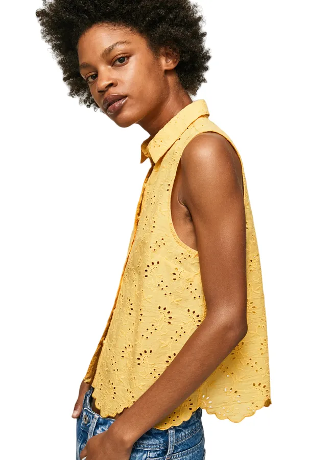 PepeJeans Camicia da donna smanicata traforata Eris PL304553 039 shine