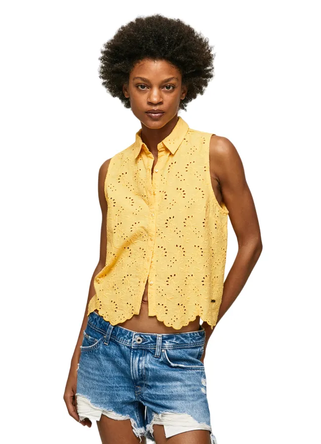 PepeJeans Camicia da donna smanicata traforata Eris PL304553 039 shine