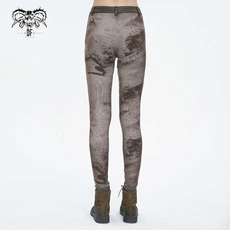 PT24002 Brown Women cloud point stretchy cracked knit leather leggings
