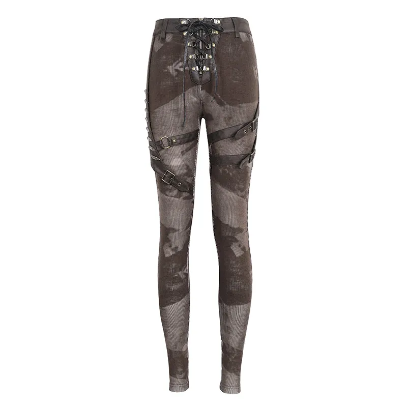 PT24002 Brown Women cloud point stretchy cracked knit leather leggings