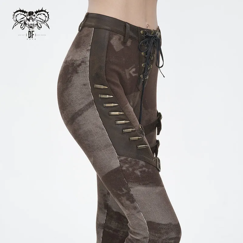 PT24002 Brown Women cloud point stretchy cracked knit leather leggings
