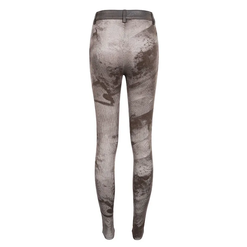 PT24002 Brown Women cloud point stretchy cracked knit leather leggings