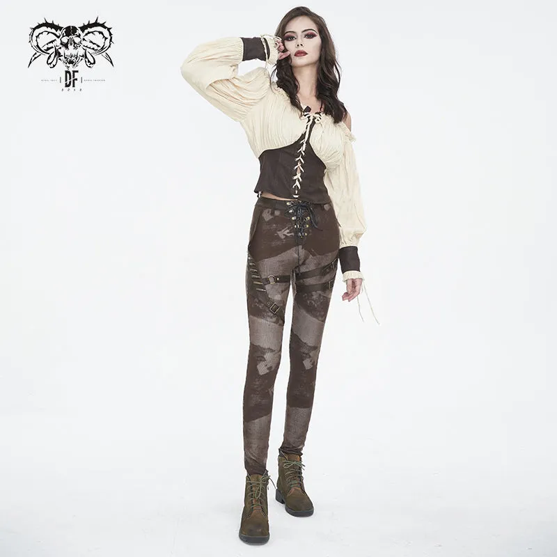 PT24002 Brown Women cloud point stretchy cracked knit leather leggings