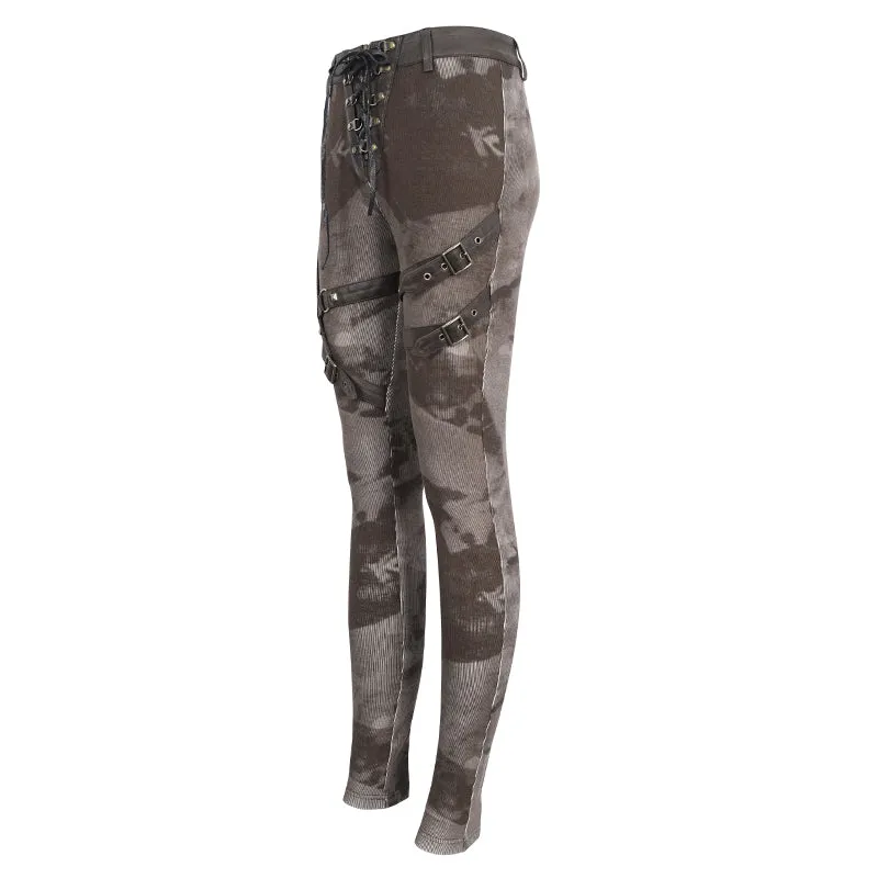 PT24002 Brown Women cloud point stretchy cracked knit leather leggings