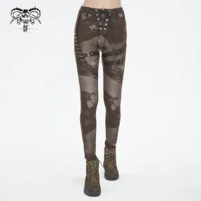 PT24002 Brown Women cloud point stretchy cracked knit leather leggings