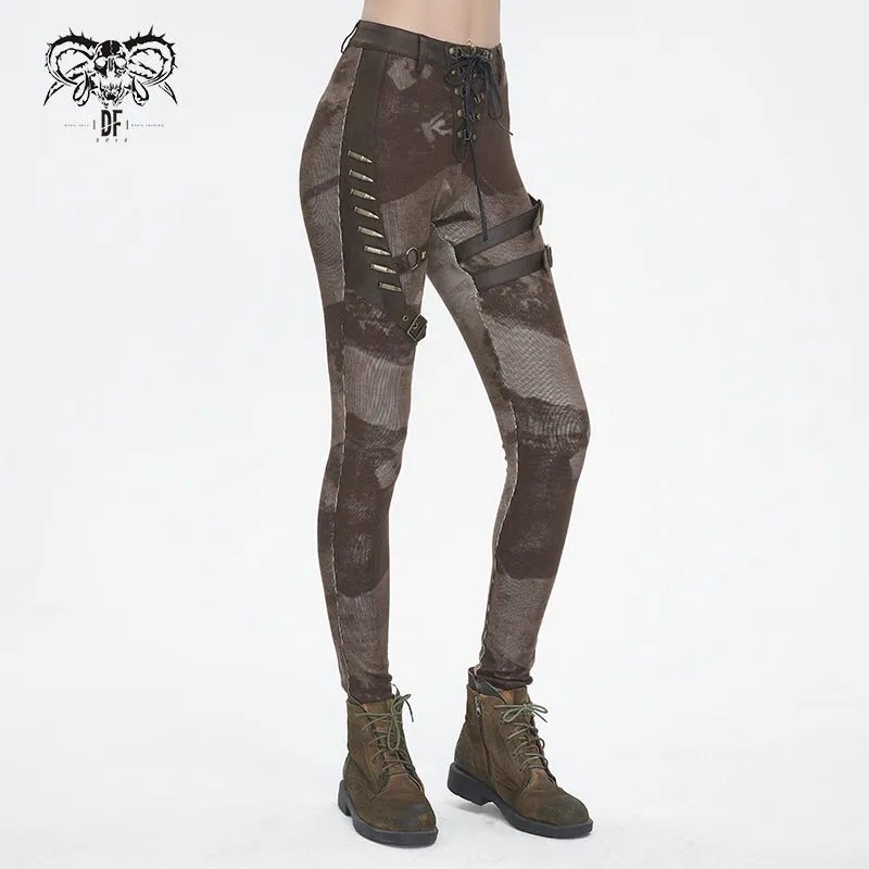 PT24002 Brown Women cloud point stretchy cracked knit leather leggings
