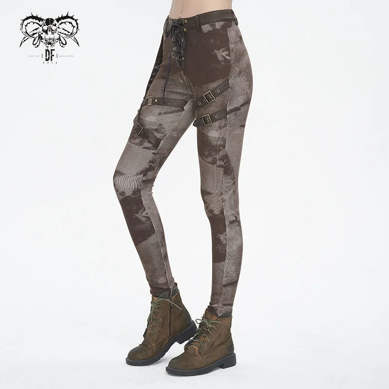 PT24002 Brown Women cloud point stretchy cracked knit leather leggings