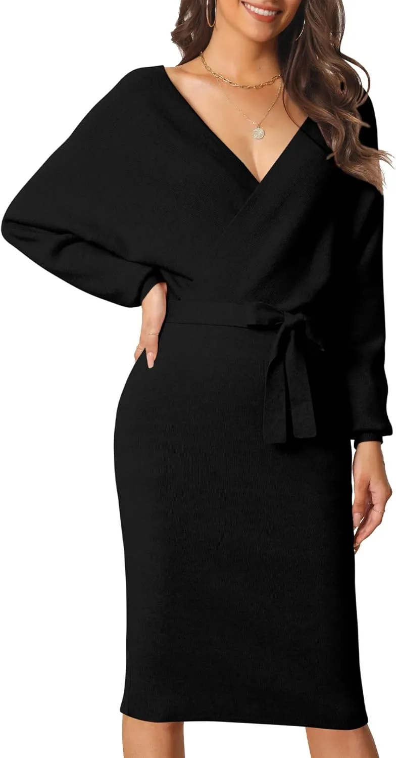 Seta T Women's V Neck Wrap Sweater Dress Batwing Sleeve Backless Midi Knit Dress with Belted