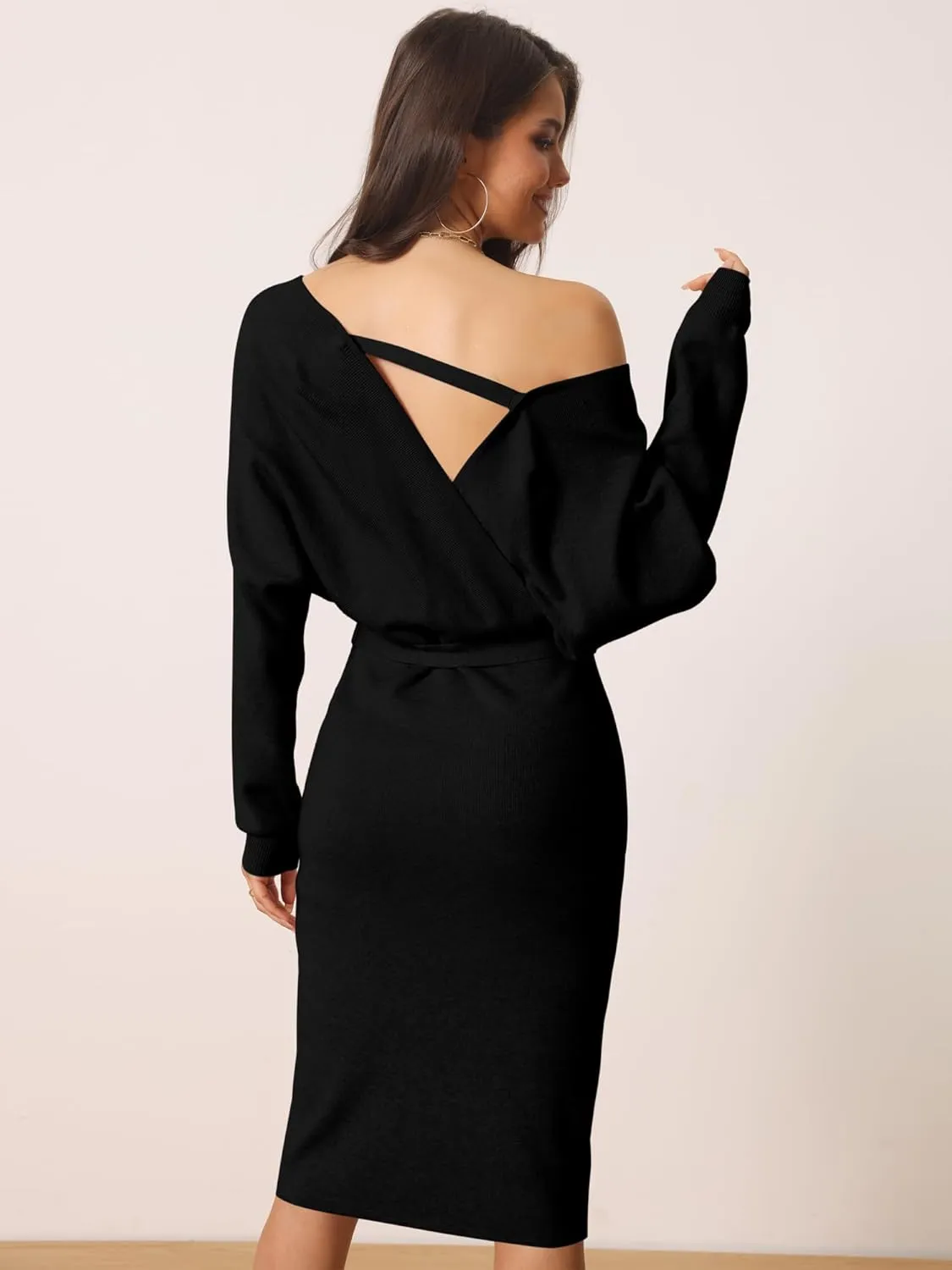 Seta T Women's V Neck Wrap Sweater Dress Batwing Sleeve Backless Midi Knit Dress with Belted