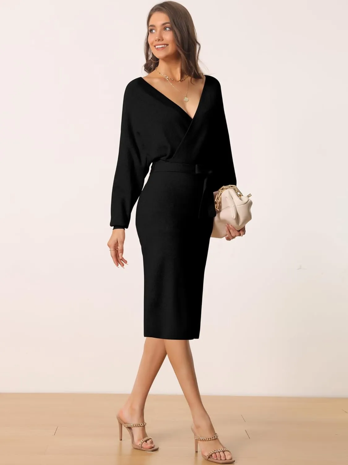 Seta T Women's V Neck Wrap Sweater Dress Batwing Sleeve Backless Midi Knit Dress with Belted