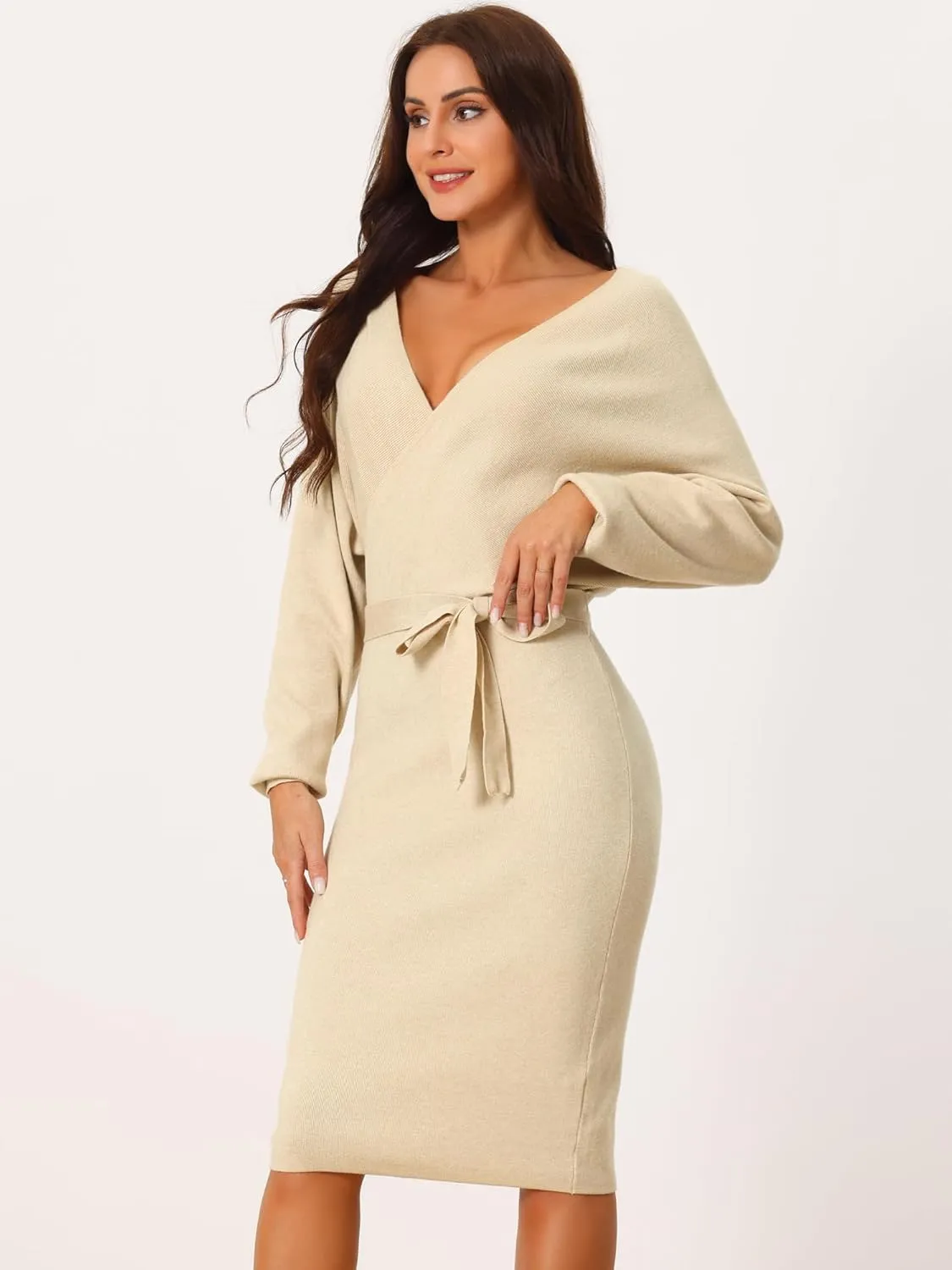 Seta T Women's V Neck Wrap Sweater Dress Batwing Sleeve Backless Midi Knit Dress with Belted
