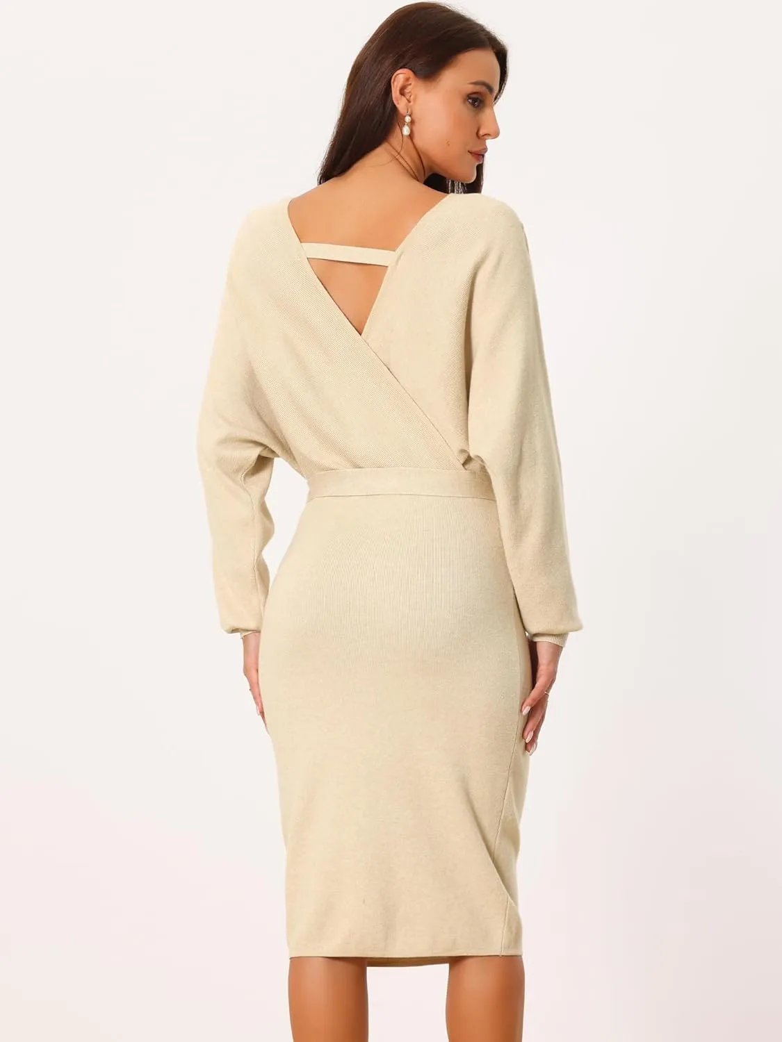 Seta T Women's V Neck Wrap Sweater Dress Batwing Sleeve Backless Midi Knit Dress with Belted