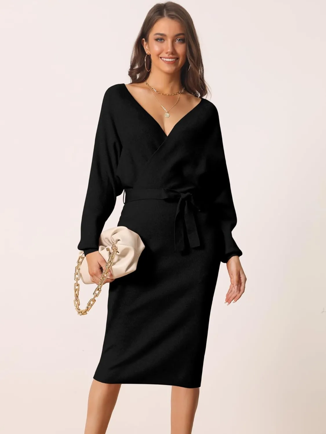 Seta T Women's V Neck Wrap Sweater Dress Batwing Sleeve Backless Midi Knit Dress with Belted