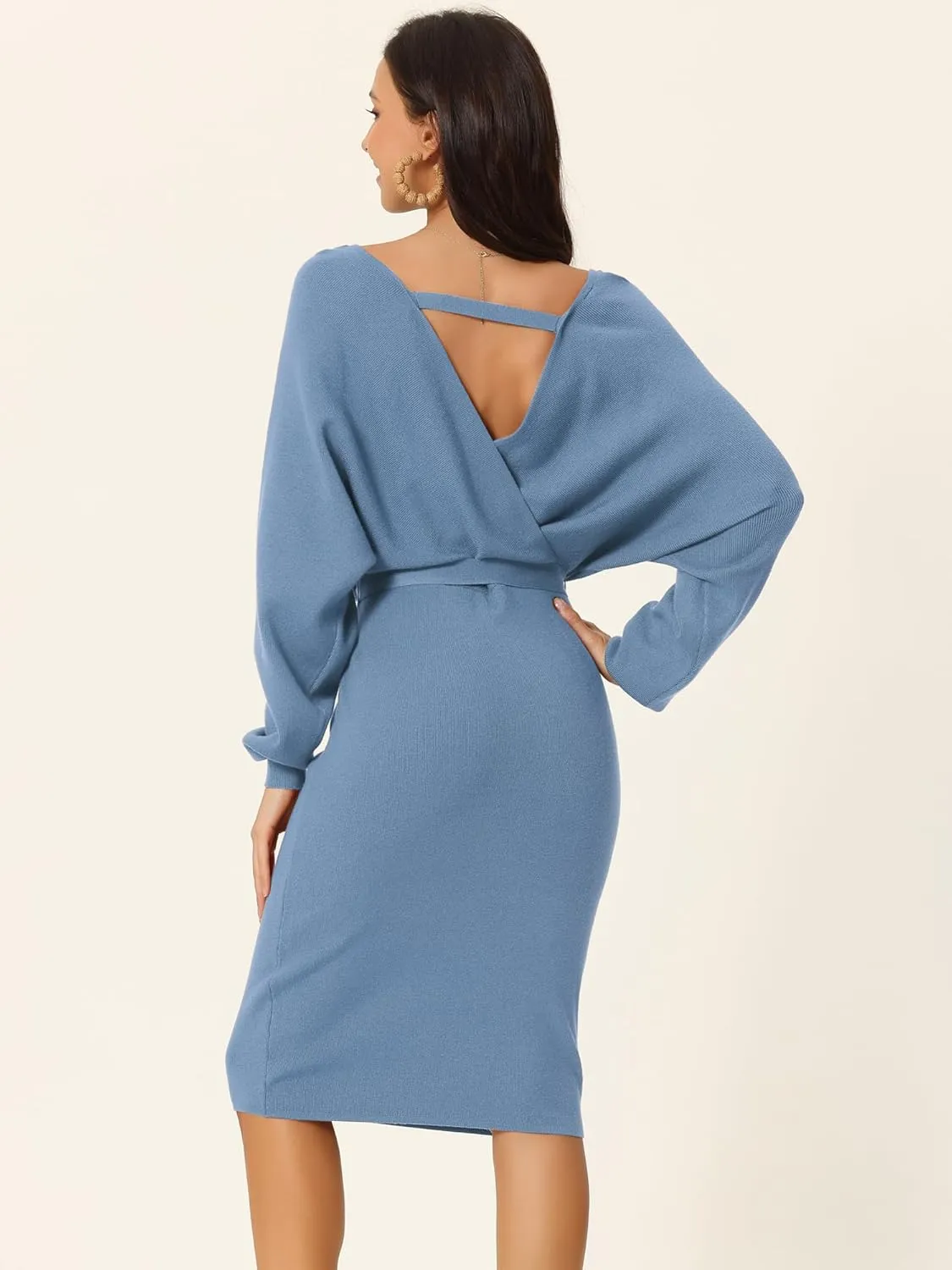 Seta T Women's V Neck Wrap Sweater Dress Batwing Sleeve Backless Midi Knit Dress with Belted