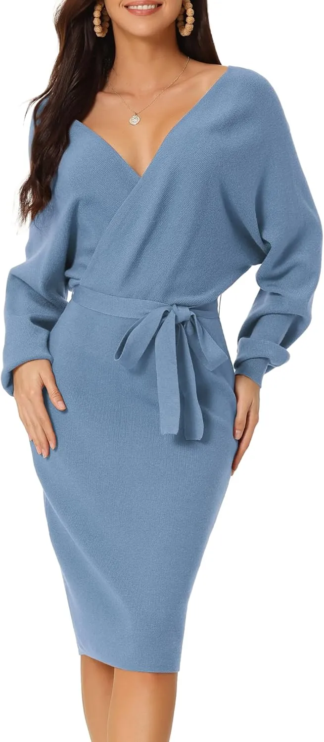 Seta T Women's V Neck Wrap Sweater Dress Batwing Sleeve Backless Midi Knit Dress with Belted