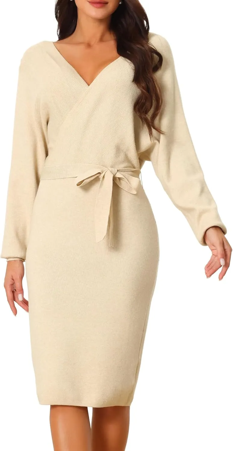Seta T Women's V Neck Wrap Sweater Dress Batwing Sleeve Backless Midi Knit Dress with Belted