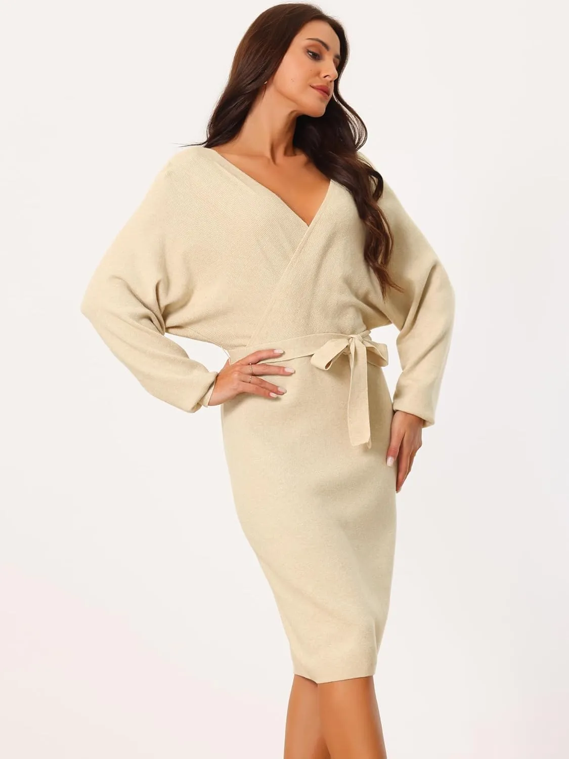 Seta T Women's V Neck Wrap Sweater Dress Batwing Sleeve Backless Midi Knit Dress with Belted