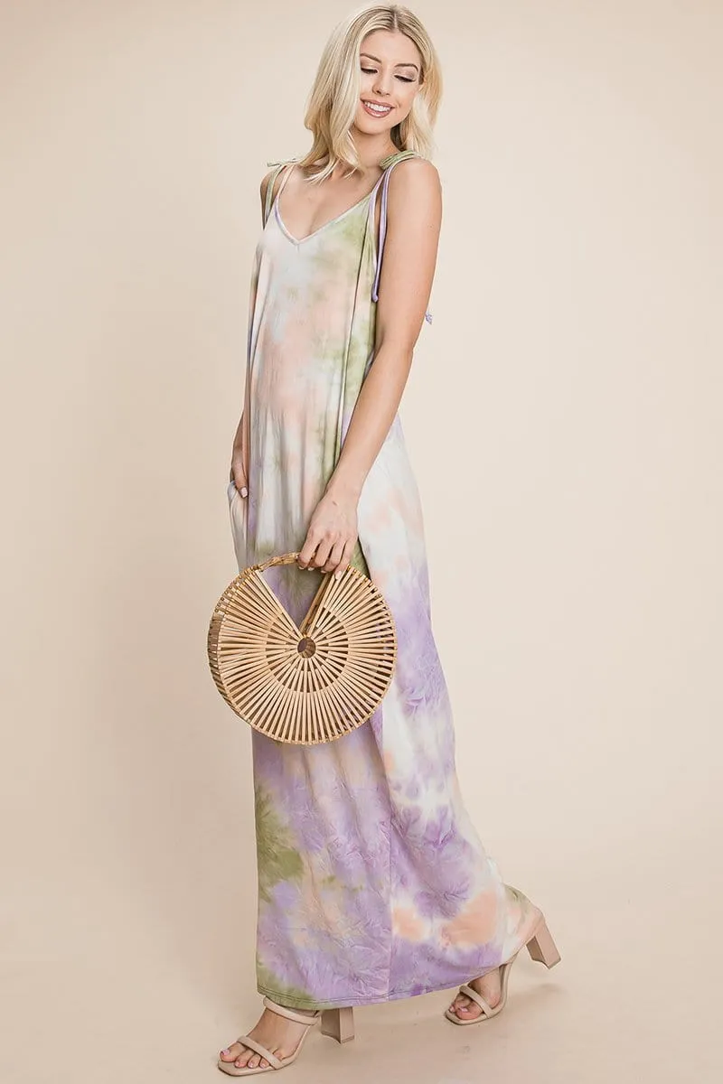 Sleeveless spaghetti strap Tie Dye Maxi dress with side pockets