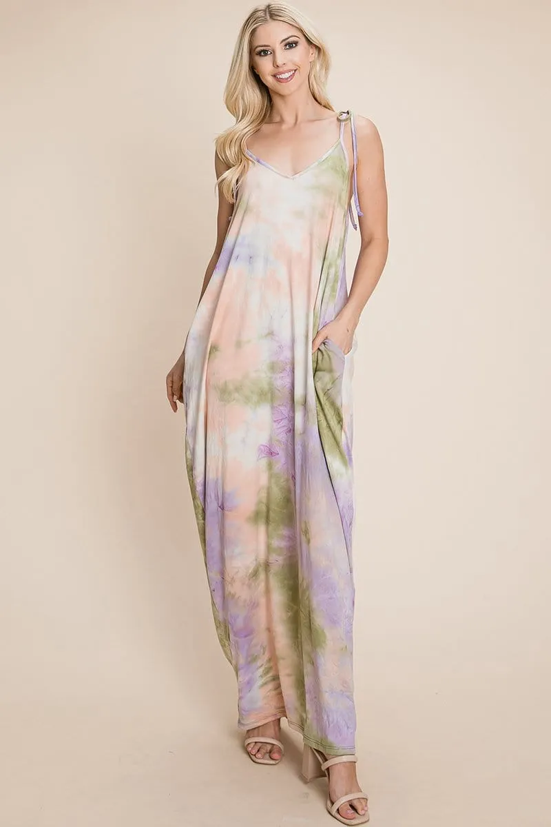 Sleeveless spaghetti strap Tie Dye Maxi dress with side pockets