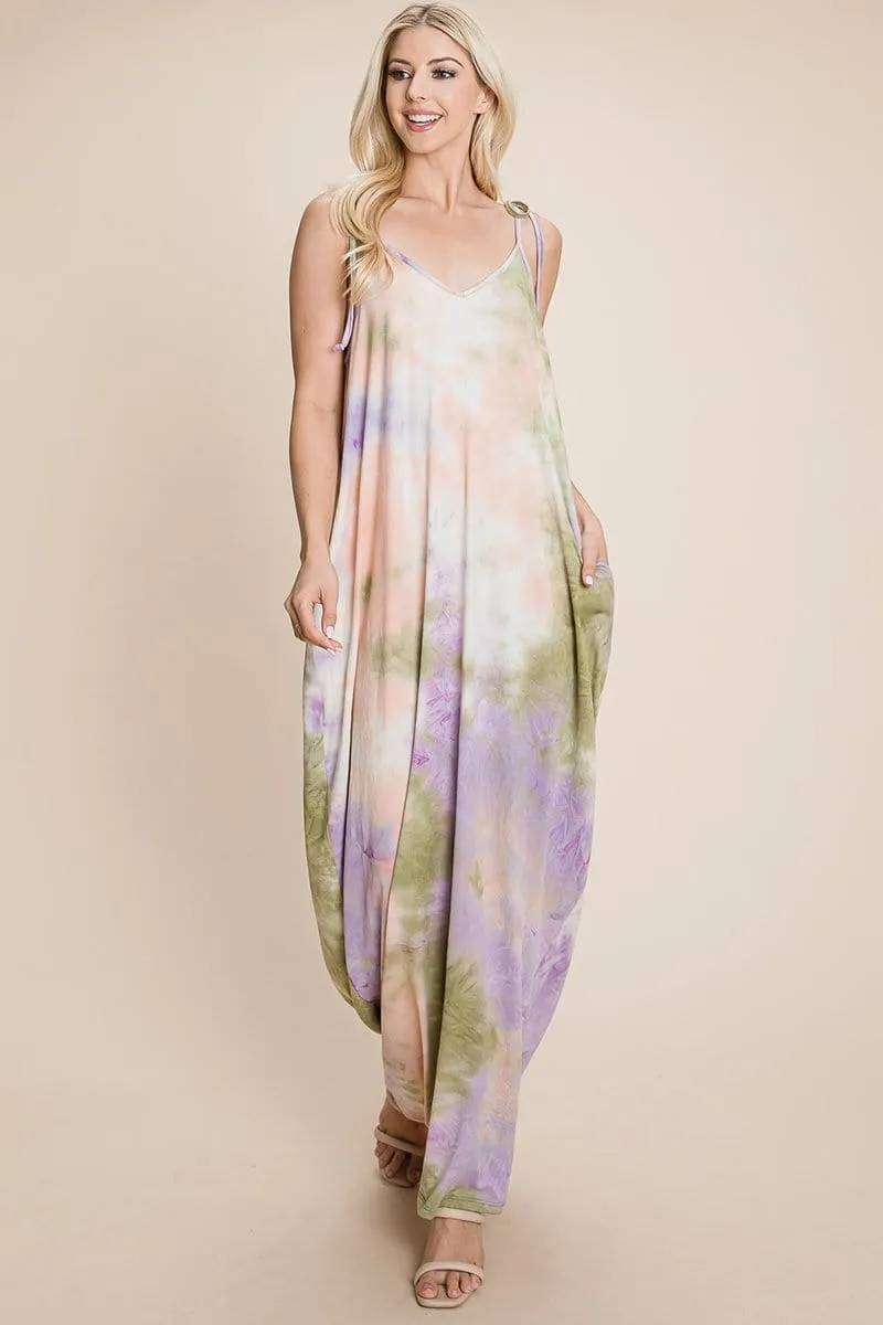 Sleeveless spaghetti strap Tie Dye Maxi dress with side pockets