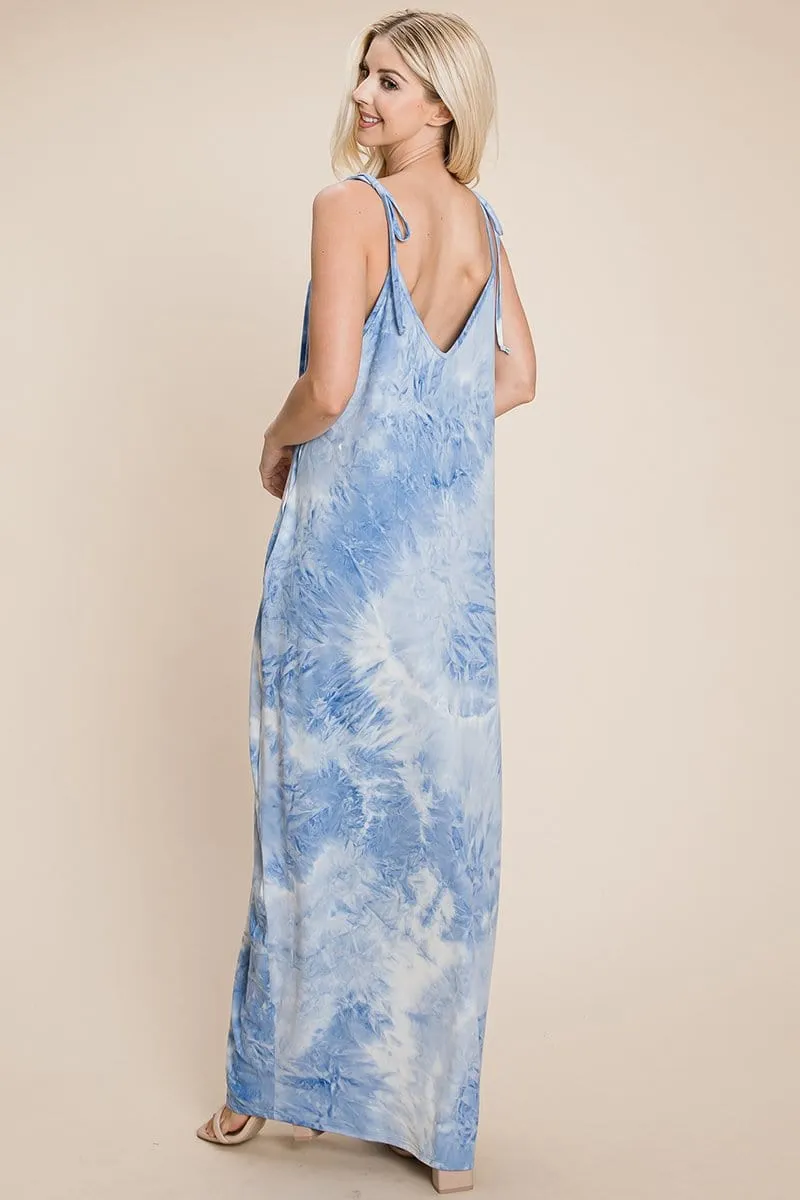Sleeveless spaghetti strap Tie Dye Maxi dress with side pockets