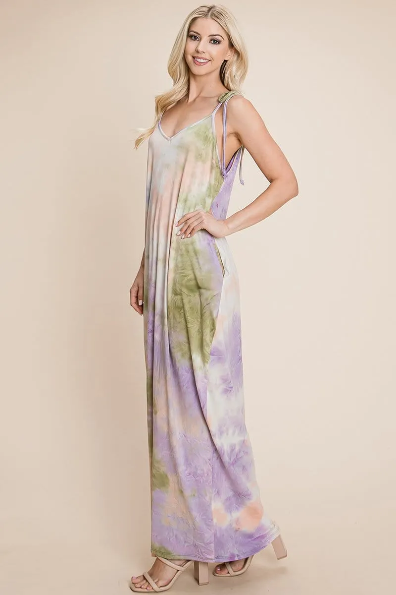 Sleeveless spaghetti strap Tie Dye Maxi dress with side pockets