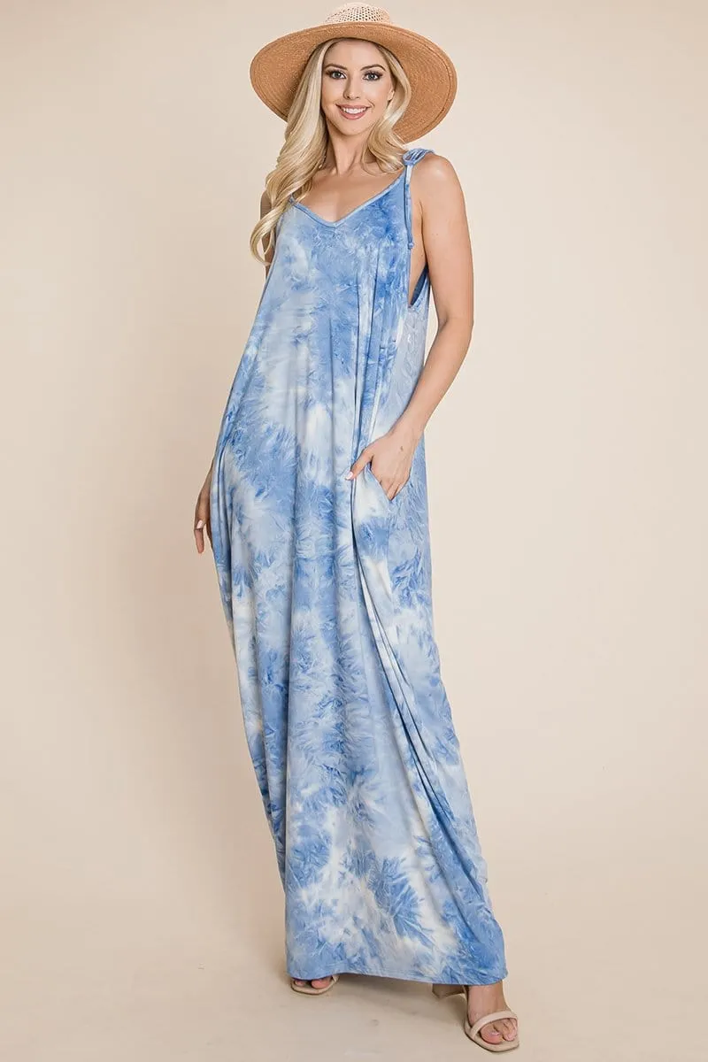 Sleeveless spaghetti strap Tie Dye Maxi dress with side pockets