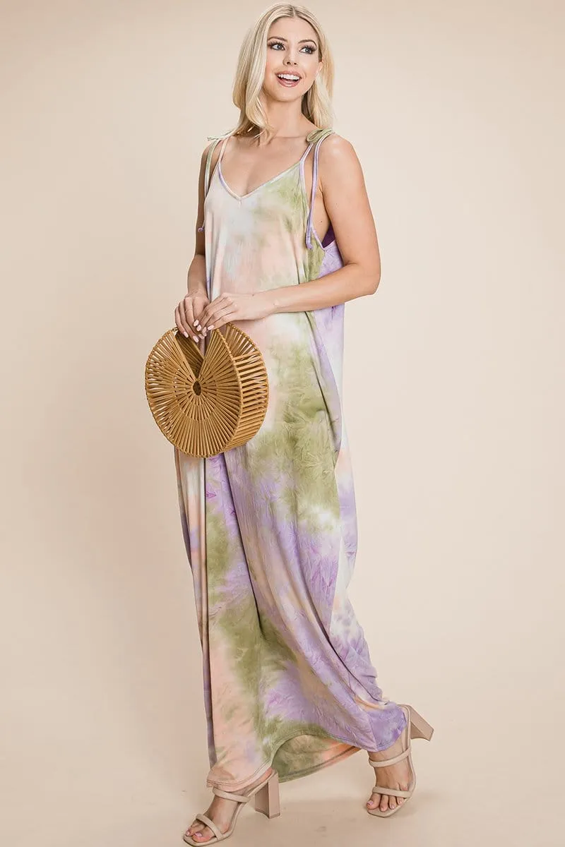 Sleeveless spaghetti strap Tie Dye Maxi dress with side pockets