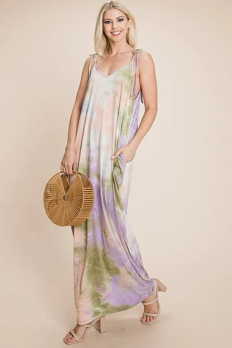Sleeveless spaghetti strap Tie Dye Maxi dress with side pockets