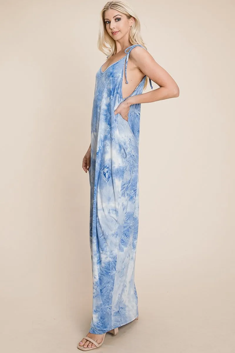 Sleeveless spaghetti strap Tie Dye Maxi dress with side pockets