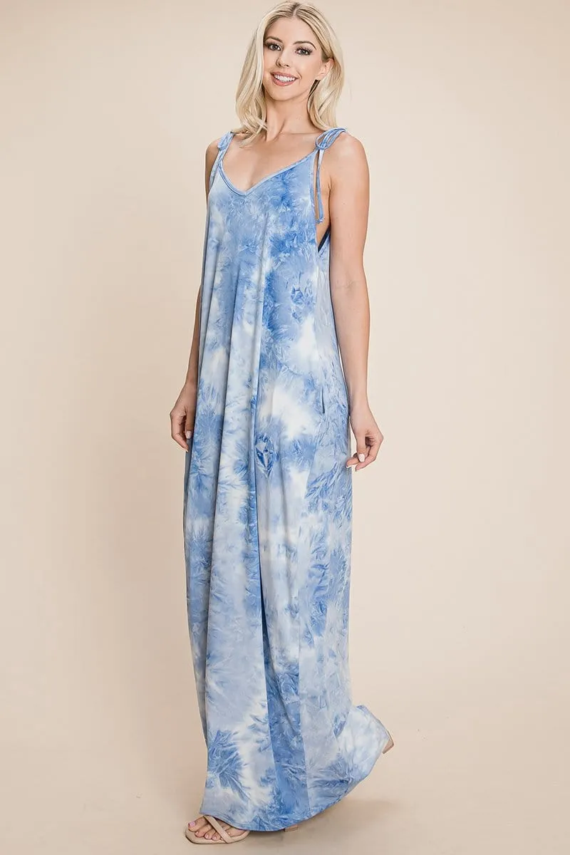 Sleeveless spaghetti strap Tie Dye Maxi dress with side pockets