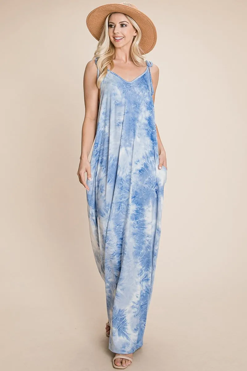 Sleeveless spaghetti strap Tie Dye Maxi dress with side pockets