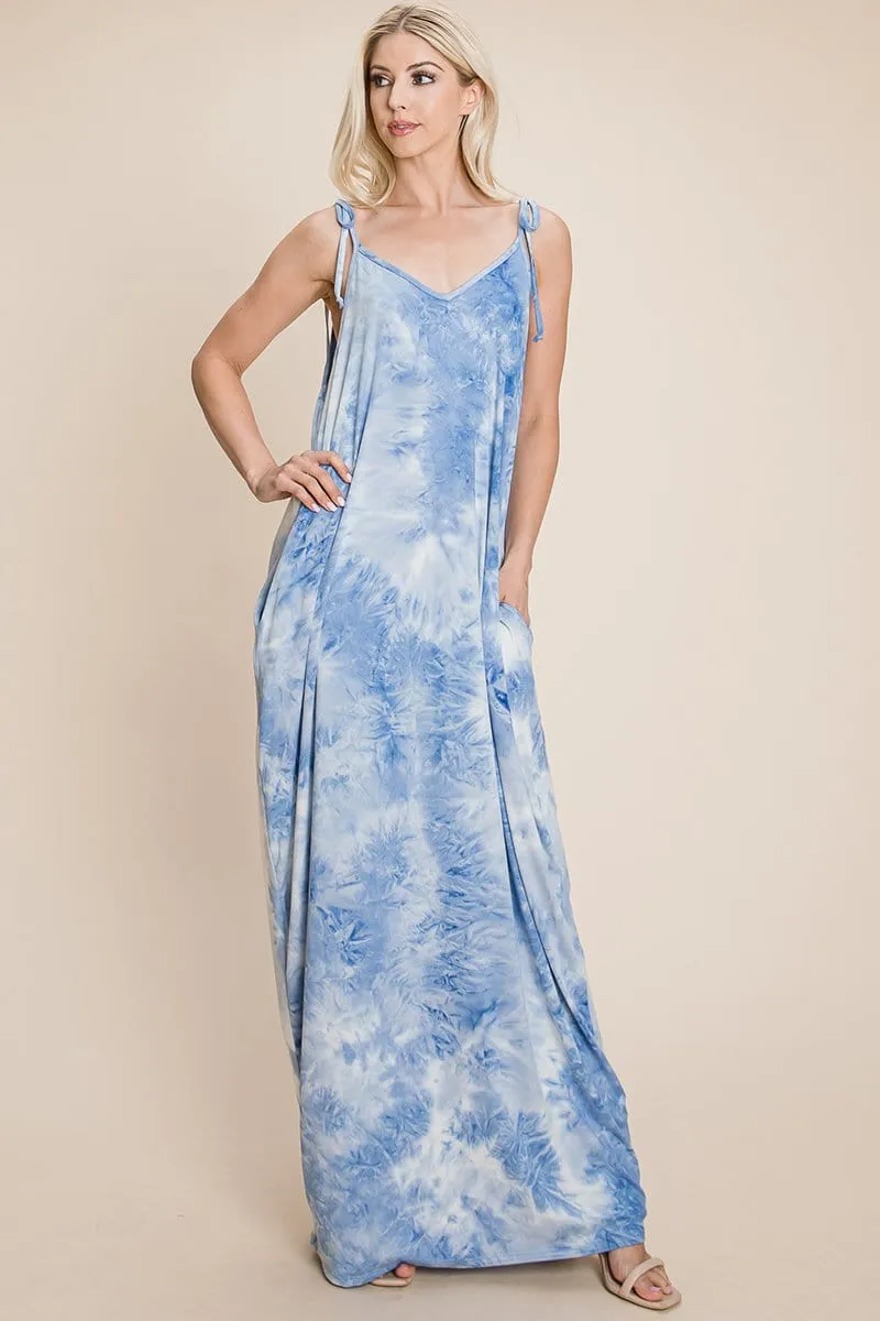 Sleeveless spaghetti strap Tie Dye Maxi dress with side pockets