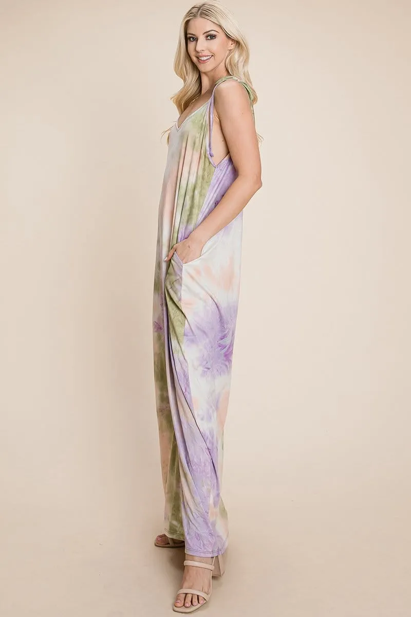 Sleeveless spaghetti strap Tie Dye Maxi dress with side pockets