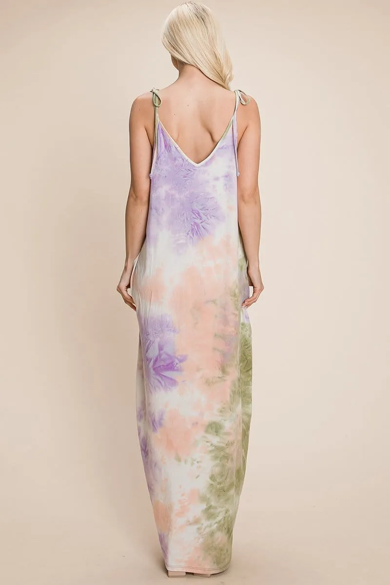 Sleeveless spaghetti strap Tie Dye Maxi dress with side pockets