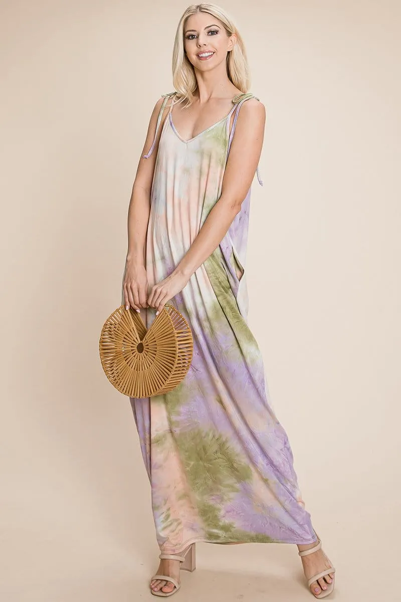 Sleeveless spaghetti strap Tie Dye Maxi dress with side pockets
