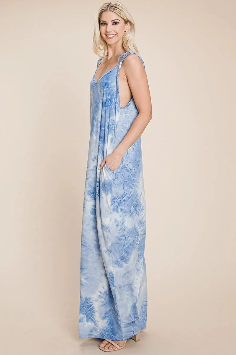 Sleeveless spaghetti strap Tie Dye Maxi dress with side pockets