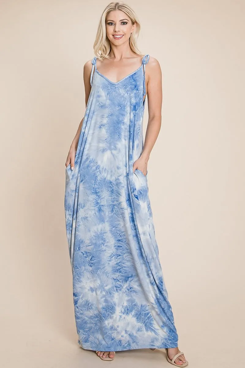 Sleeveless spaghetti strap Tie Dye Maxi dress with side pockets