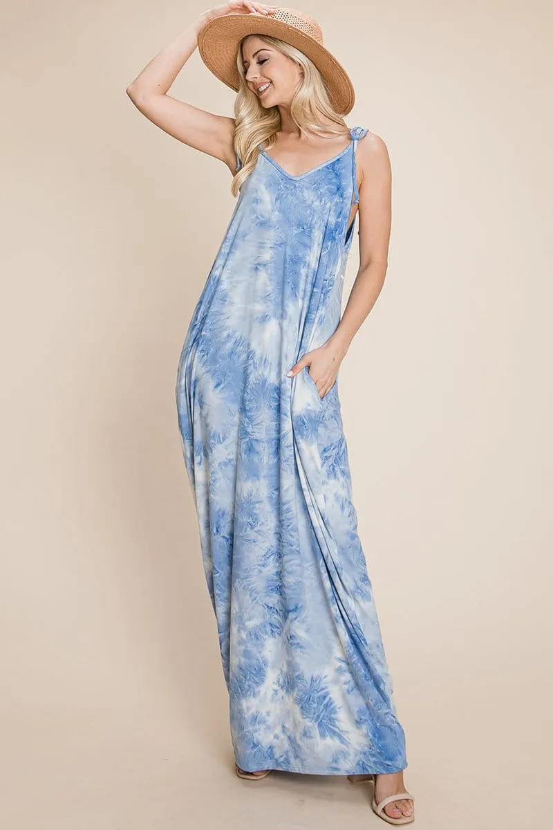 Sleeveless spaghetti strap Tie Dye Maxi dress with side pockets